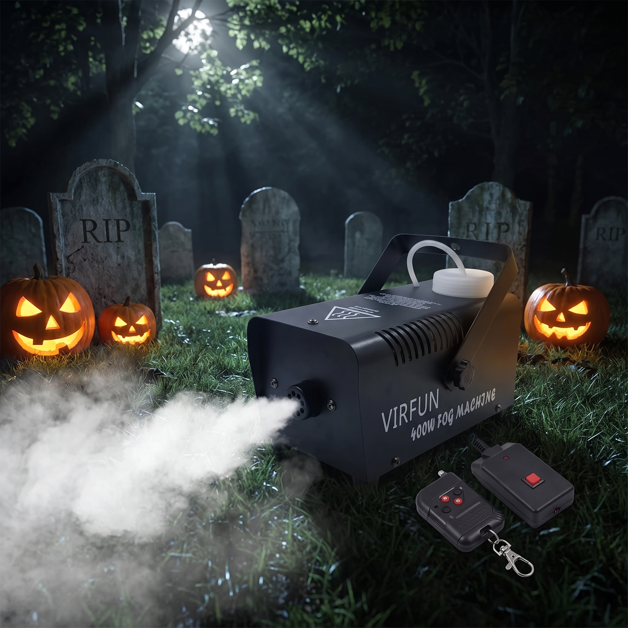 400W fog machine pumping low fog across a Halloween yard with tombstones at night