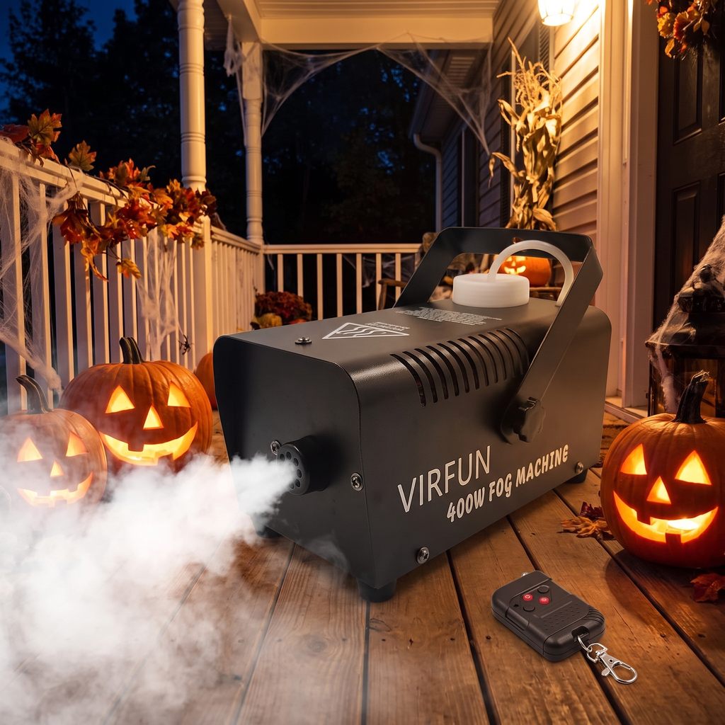 400W fog machine on a decorated Halloween porch with pumpkins and fog