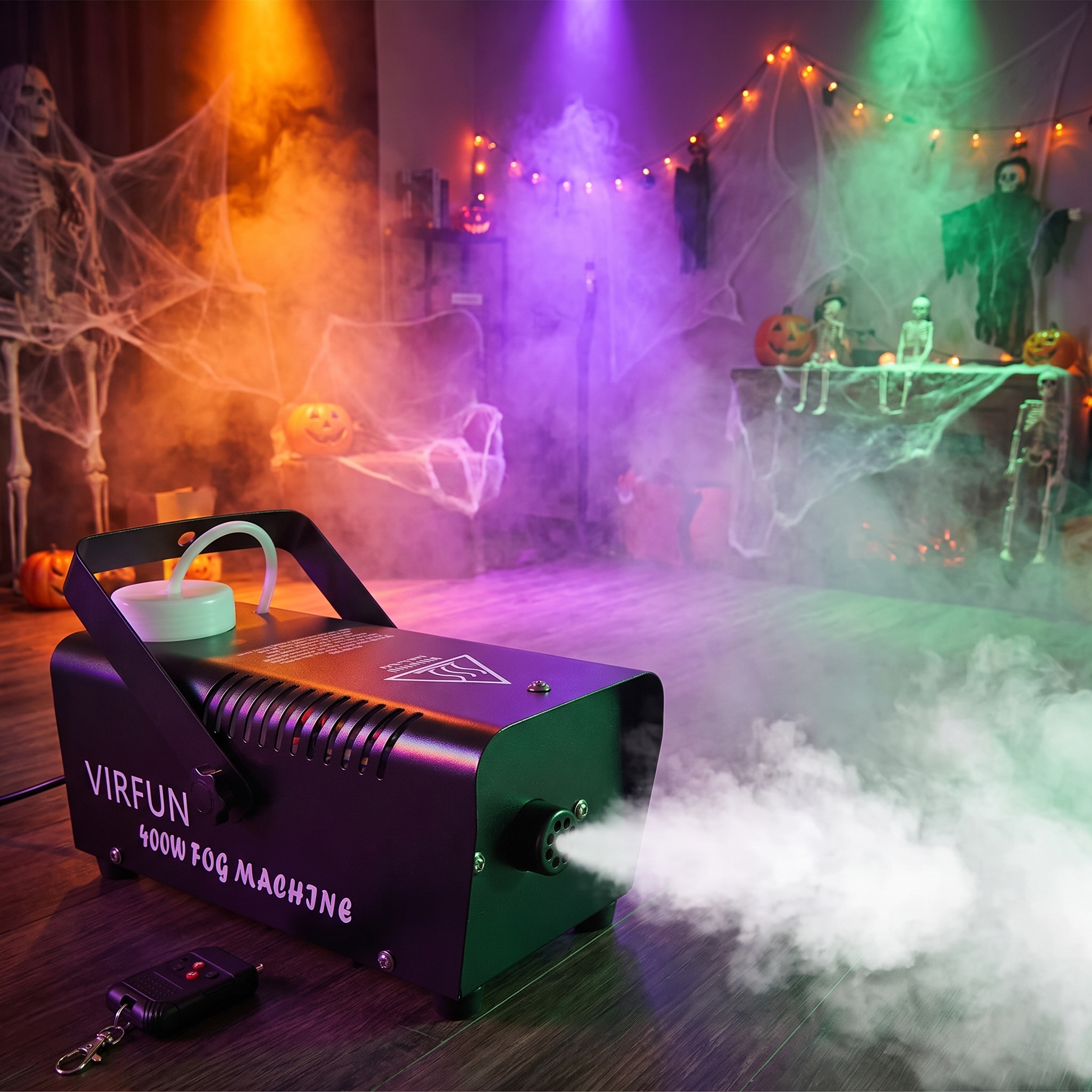 400W fog machine filling a Halloween party room with fog and colored lighting