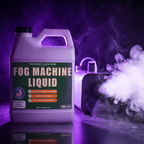 32 oz bottle of Halloween fog machine liquid beside a fog machine pumping fog