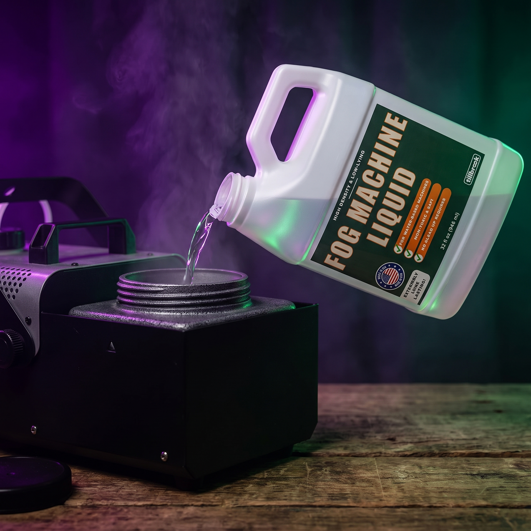 Fog machine liquid bottle being poured into a fog machine tank