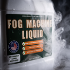 Close up of the 32 oz fog machine liquid bottle label with fog swirling