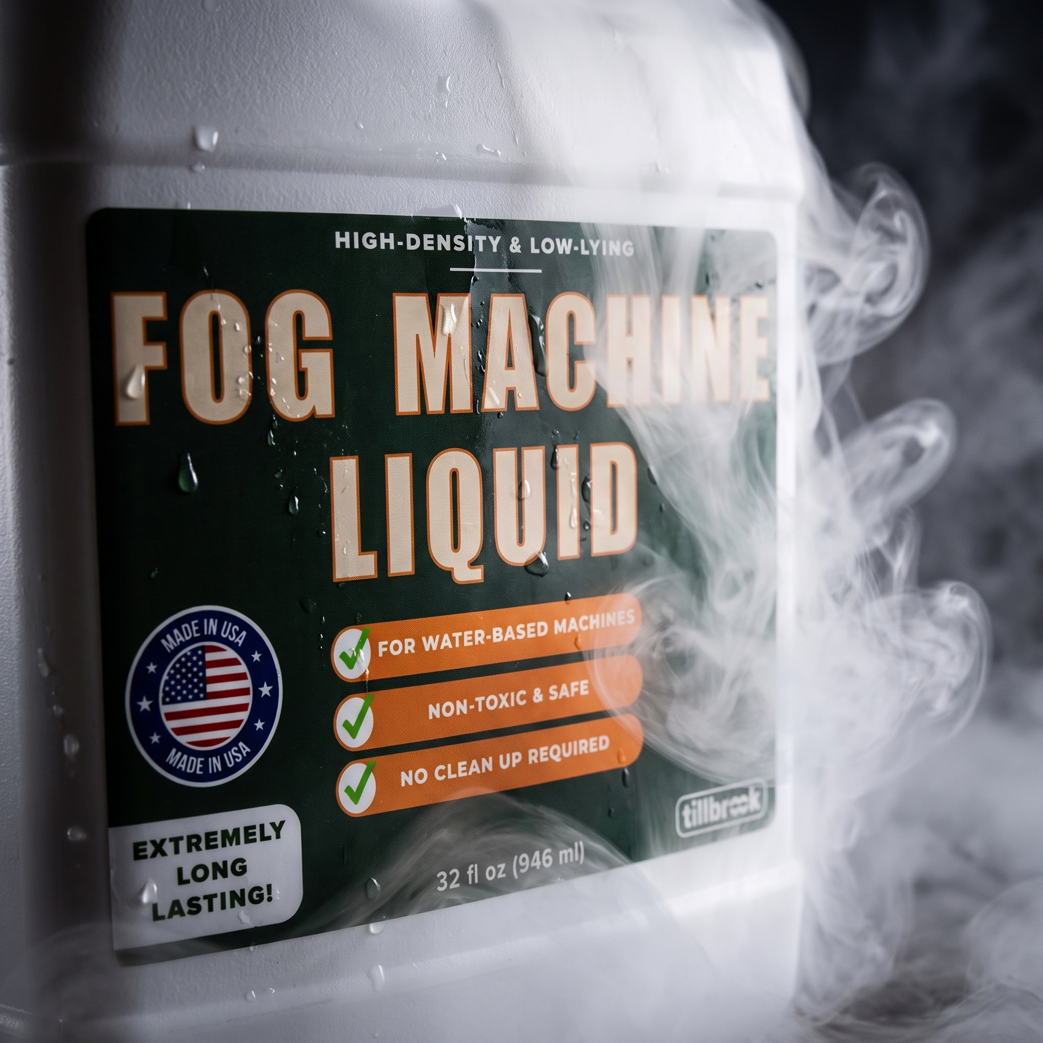 Close up of the 32 oz fog machine liquid bottle label with fog swirling