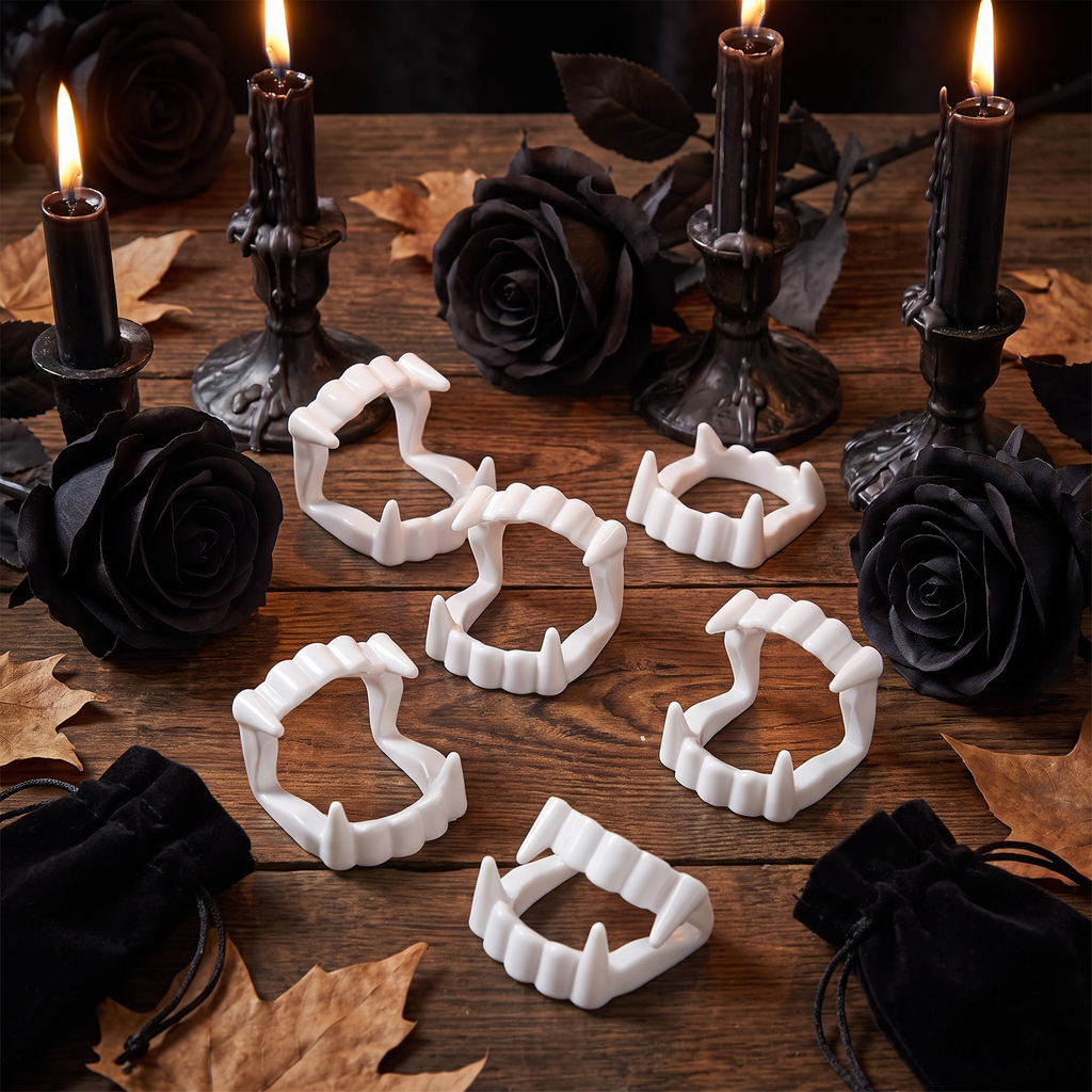 Vampire fangs as Halloween party favors with black roses and candles