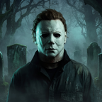 Latex horror mask worn by a figure in a foggy graveyard at night