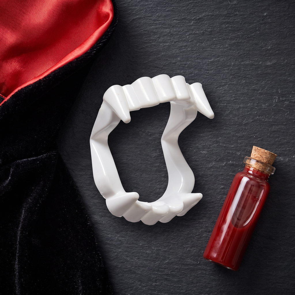 Flat lay of vampire fangs with a vampire costume collar and fake blood