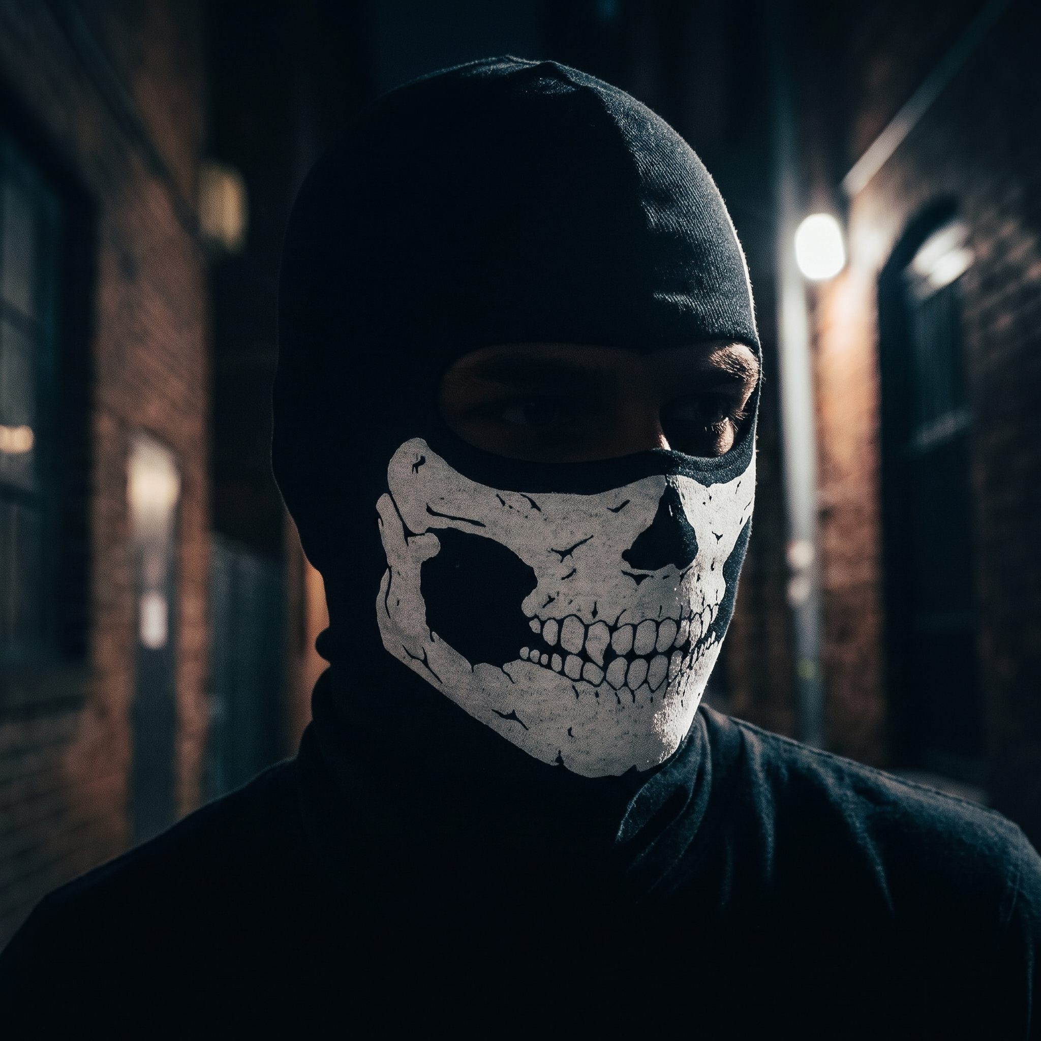 Skull balaclava face mask worn by a figure in a dark moody setting
