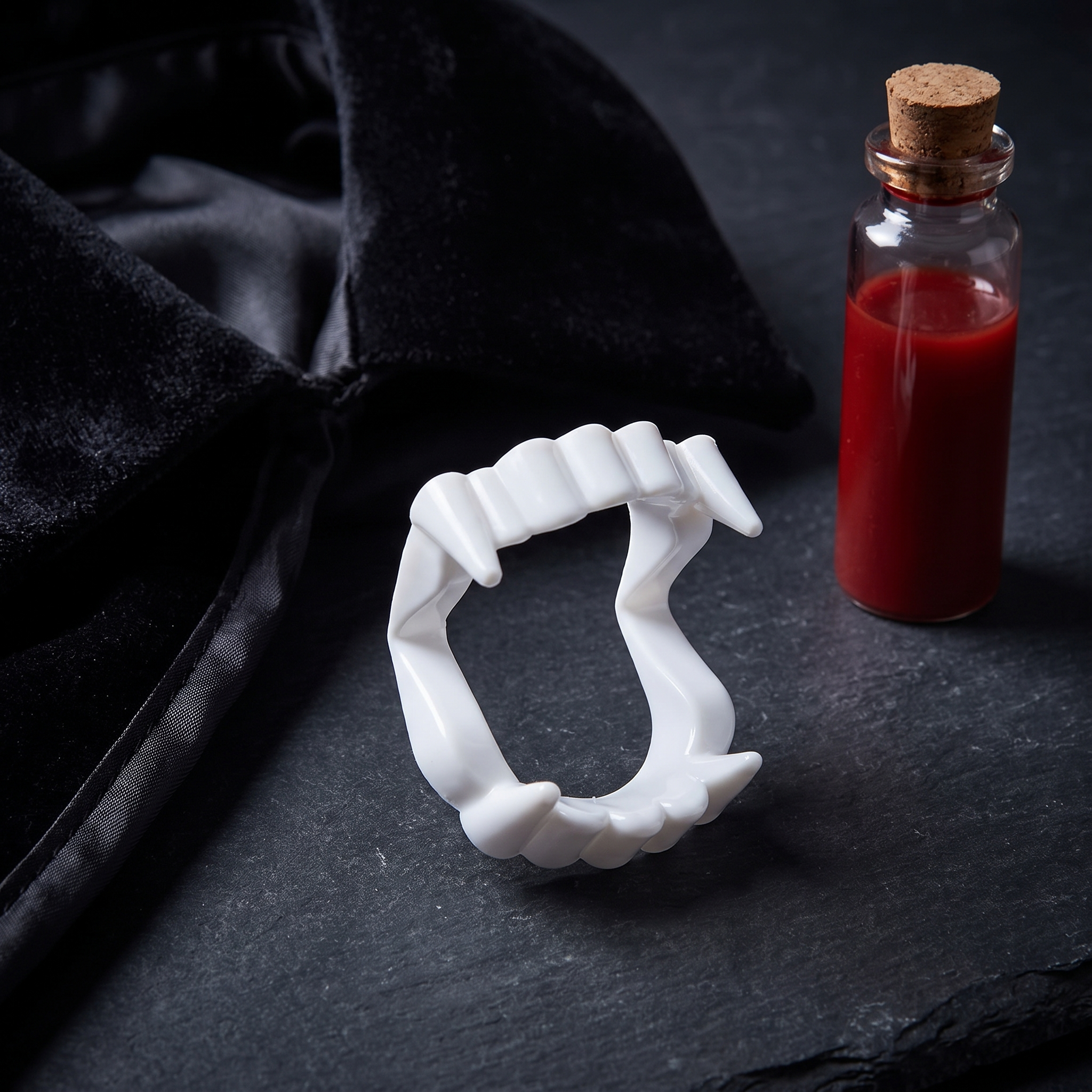 Vampire fangs with a black cape collar and fake blood vial styled on a dark surface