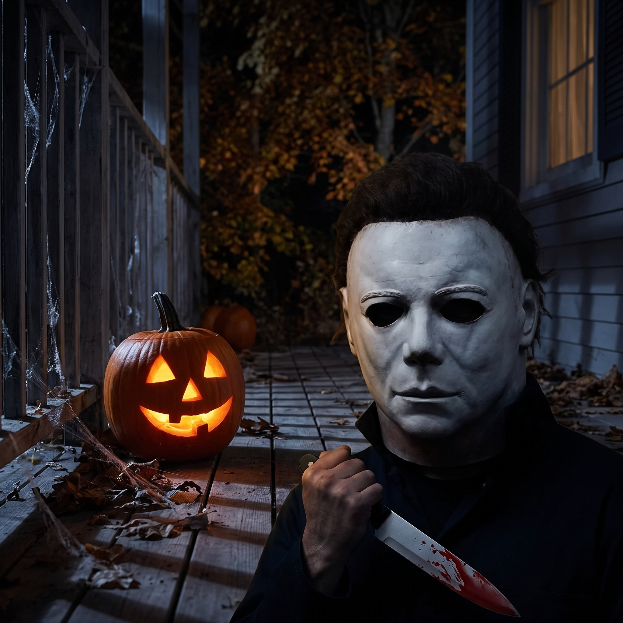 Horror mask worn by a figure lurking on a dark Halloween porch