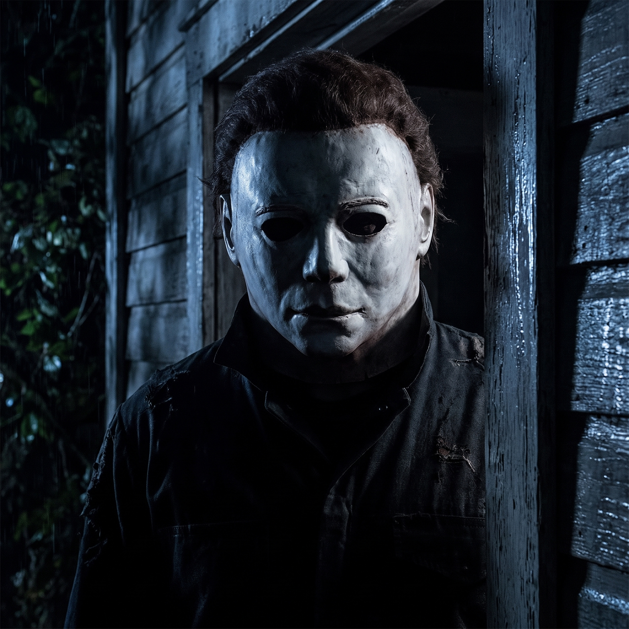 Scary Halloween latex horror mask worn by a figure in a dark doorway at night