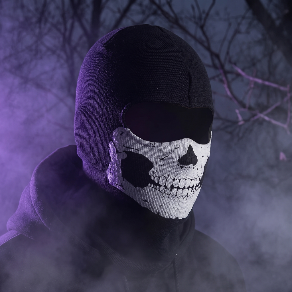 Skull balaclava mask worn by a figure in a foggy night scene