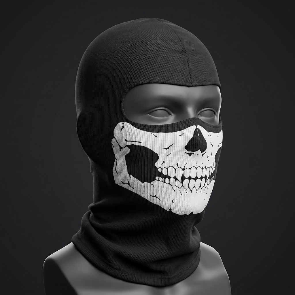 Skull balaclava mask displayed on a mannequin head