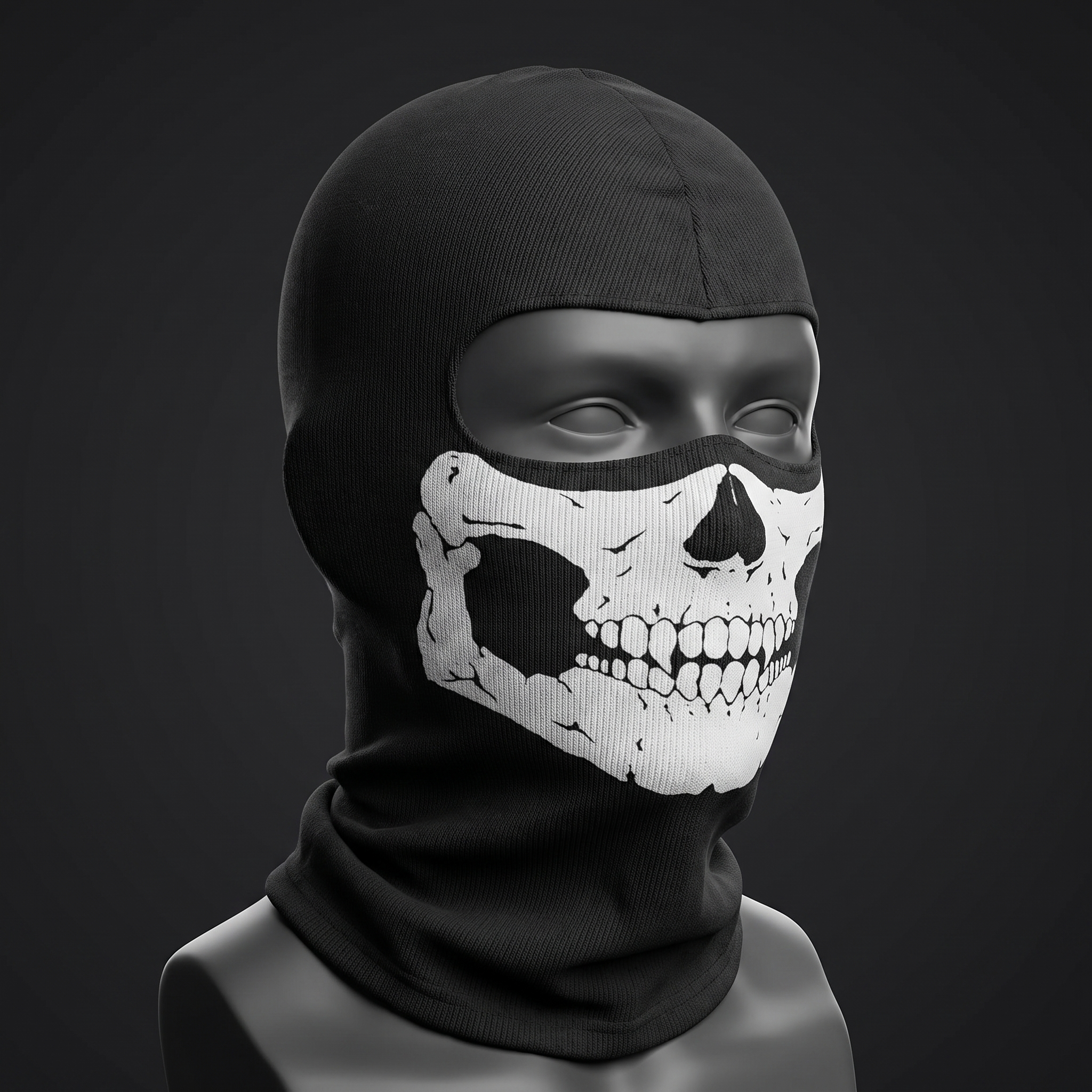 Skull balaclava mask displayed on a mannequin head
