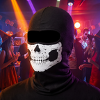 Skull balaclava mask worn at a Halloween party with colored lighting