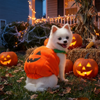 Cute dog wearing a plush pumpkin costume in a Halloween decorated yard