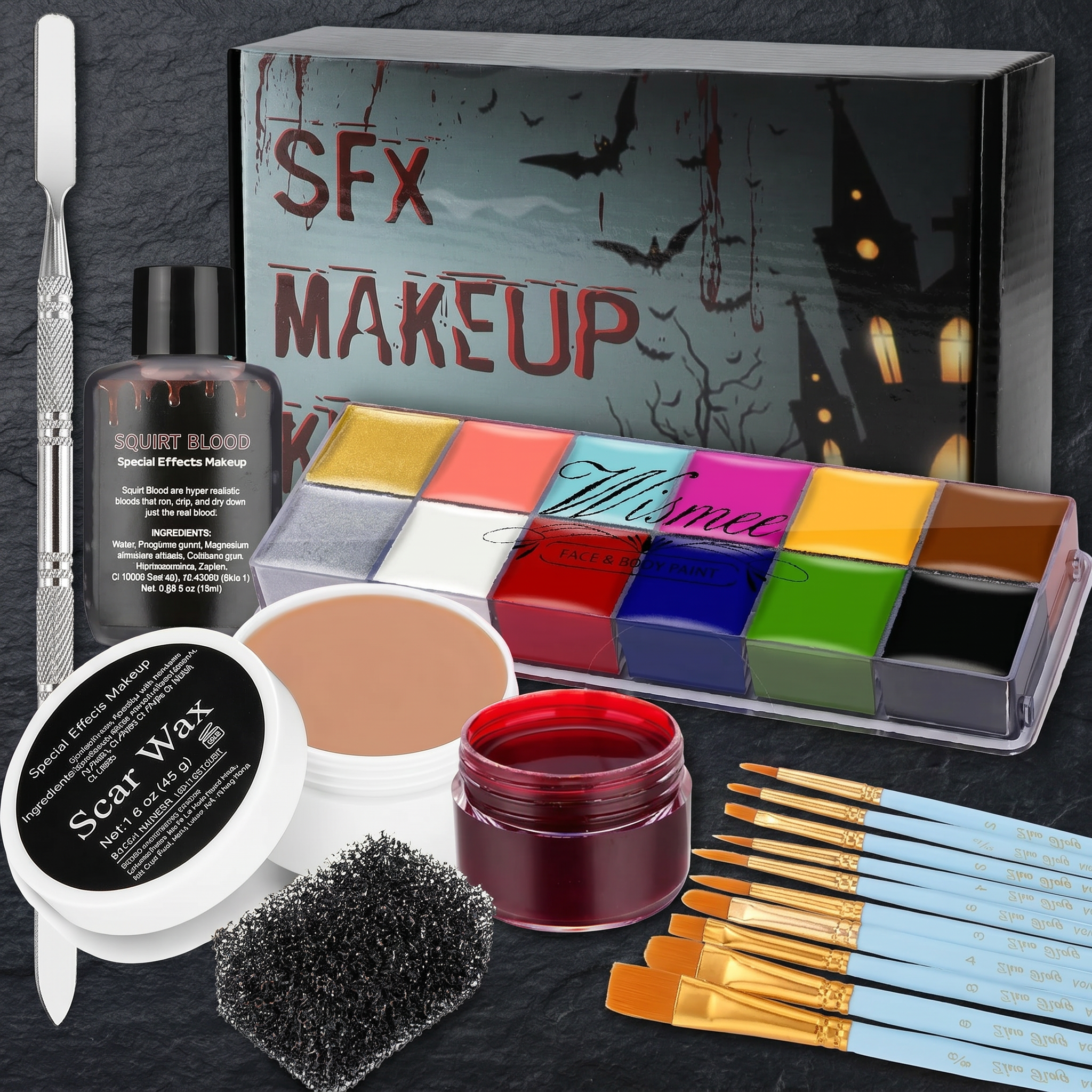 Flat lay of the SFX Halloween makeup kit contents