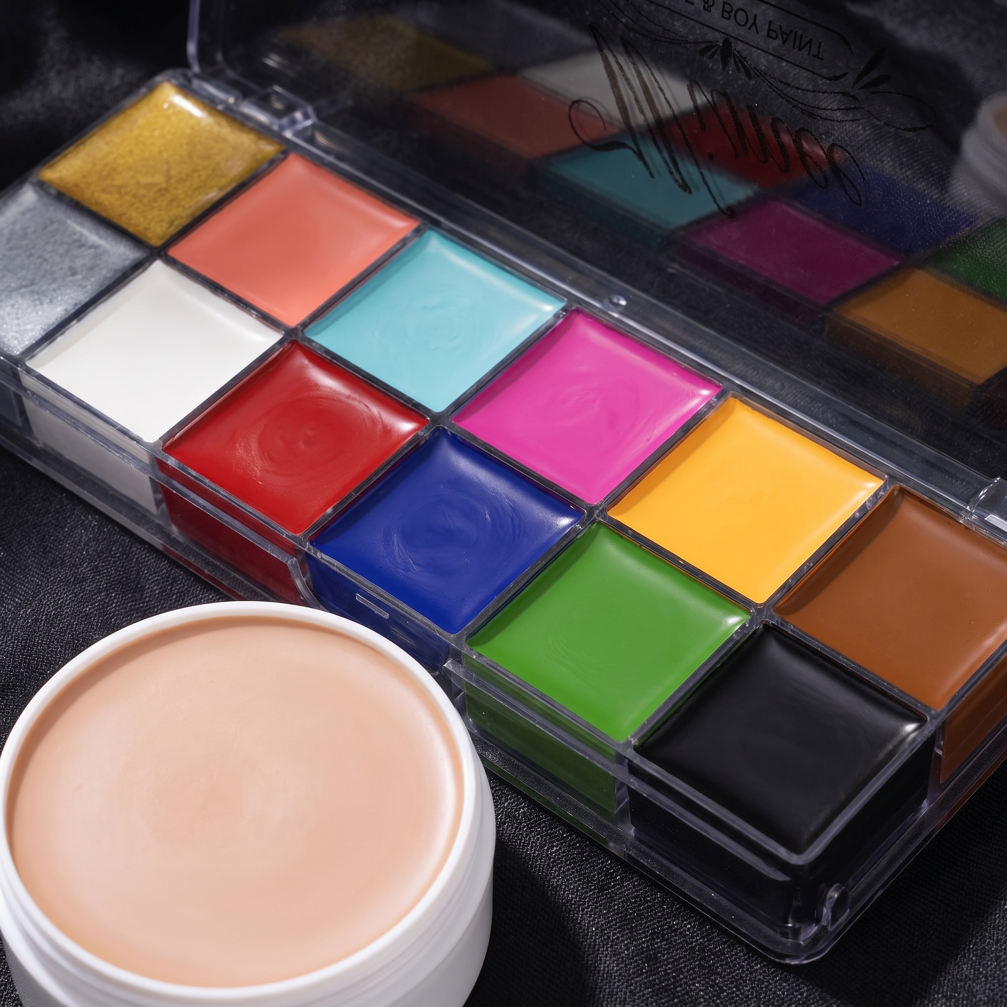 Close up of the SFX makeup palette colors and scar wax