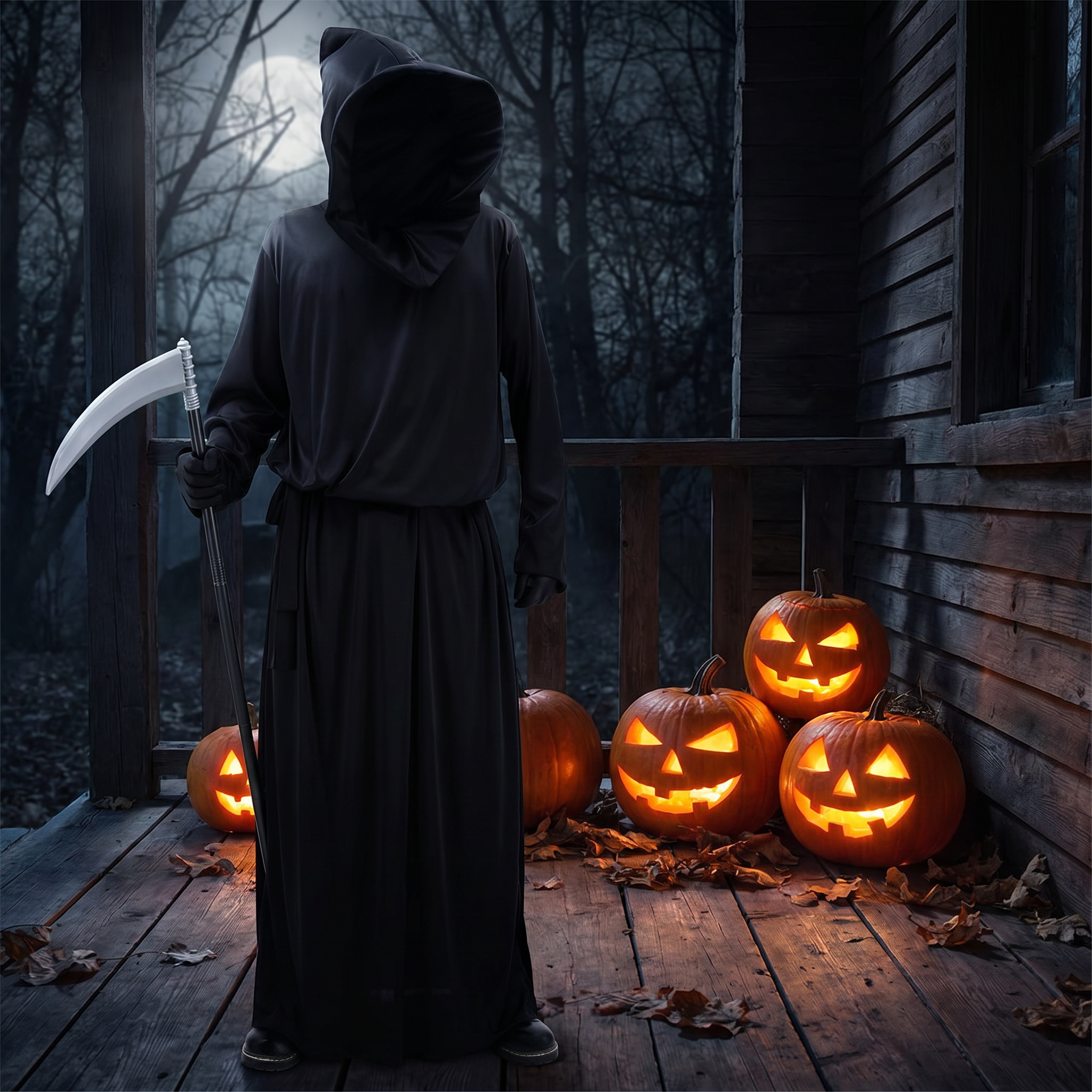 Grim reaper looming on a dark Halloween porch with pumpkins