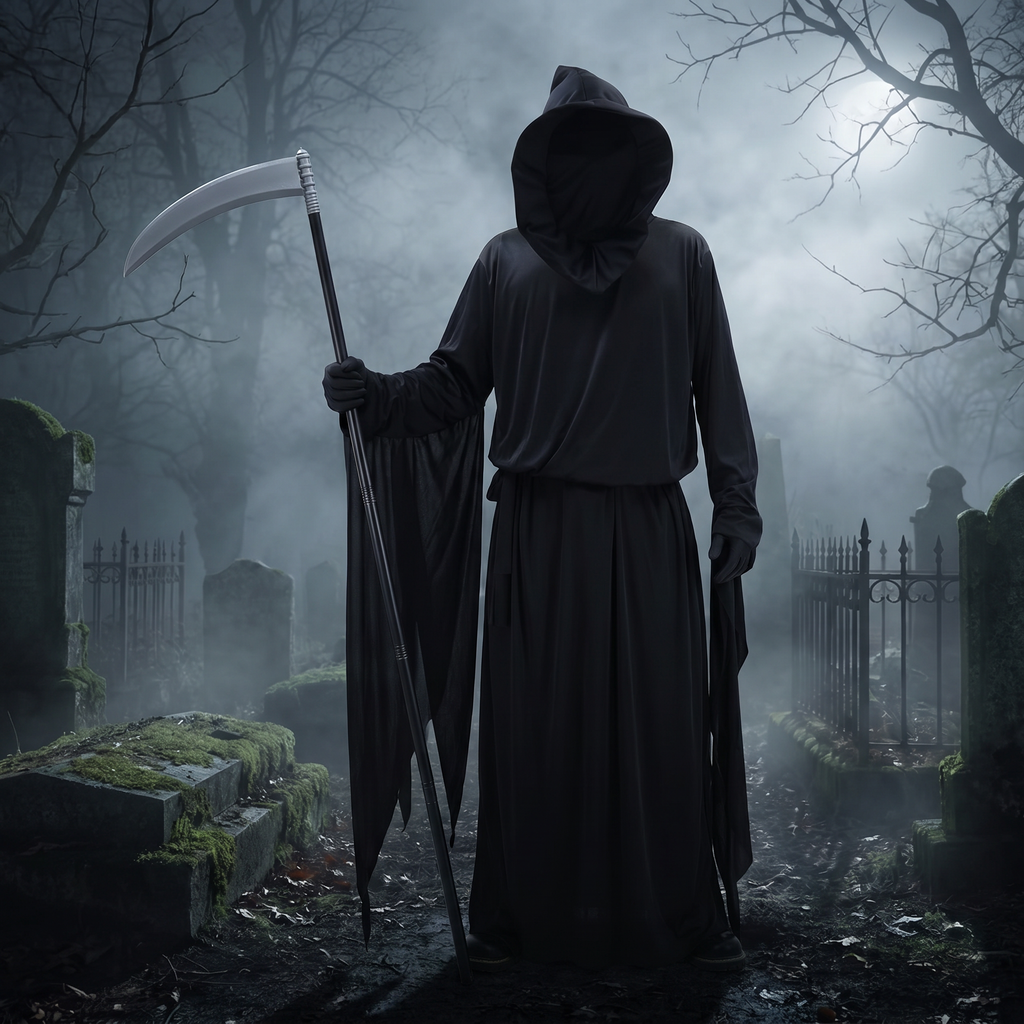 Grim Reaper black hooded robe with scythe worn by a figure in a foggy graveyard