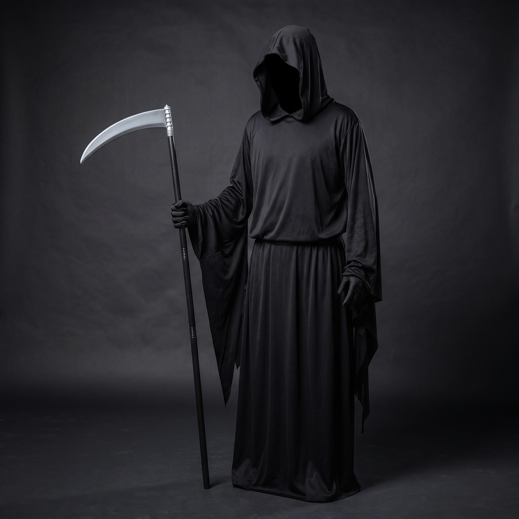 Grim reaper robe with scythe and gloves displayed on a mannequin