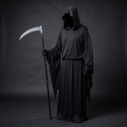 Grim reaper robe with scythe and gloves displayed on a mannequin