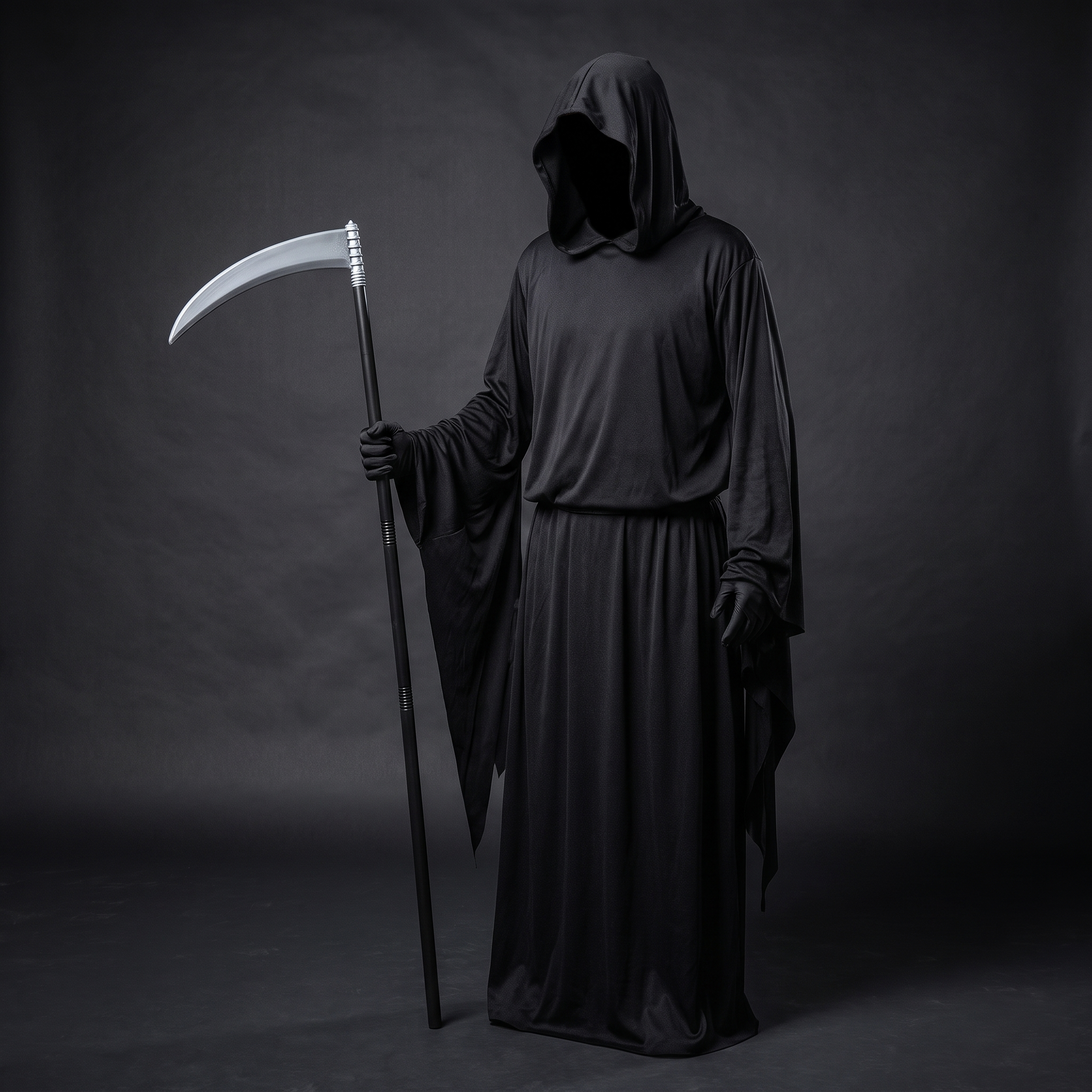 Grim reaper robe with scythe and gloves displayed on a mannequin
