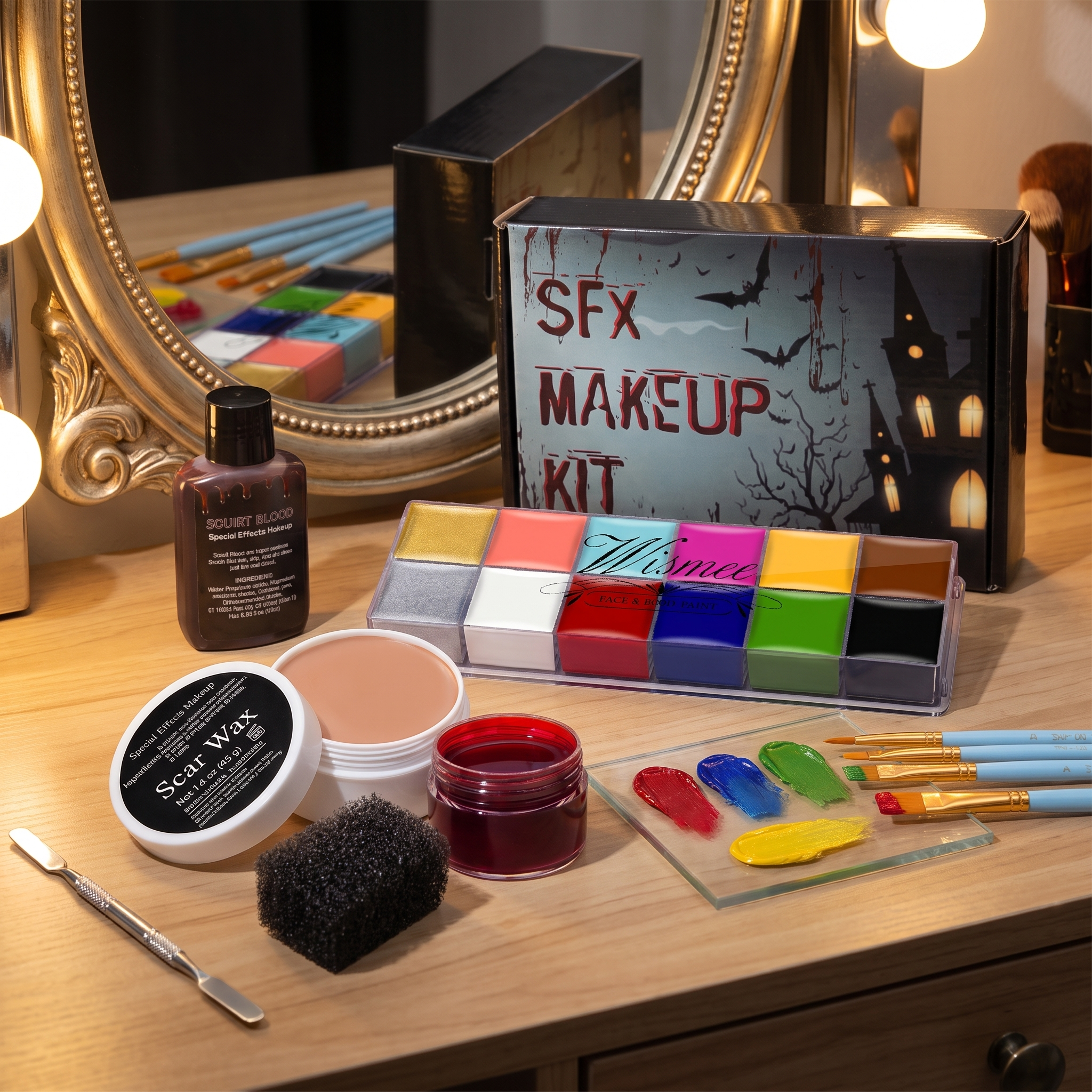 SFX makeup kit on a lit Halloween vanity with a mirror