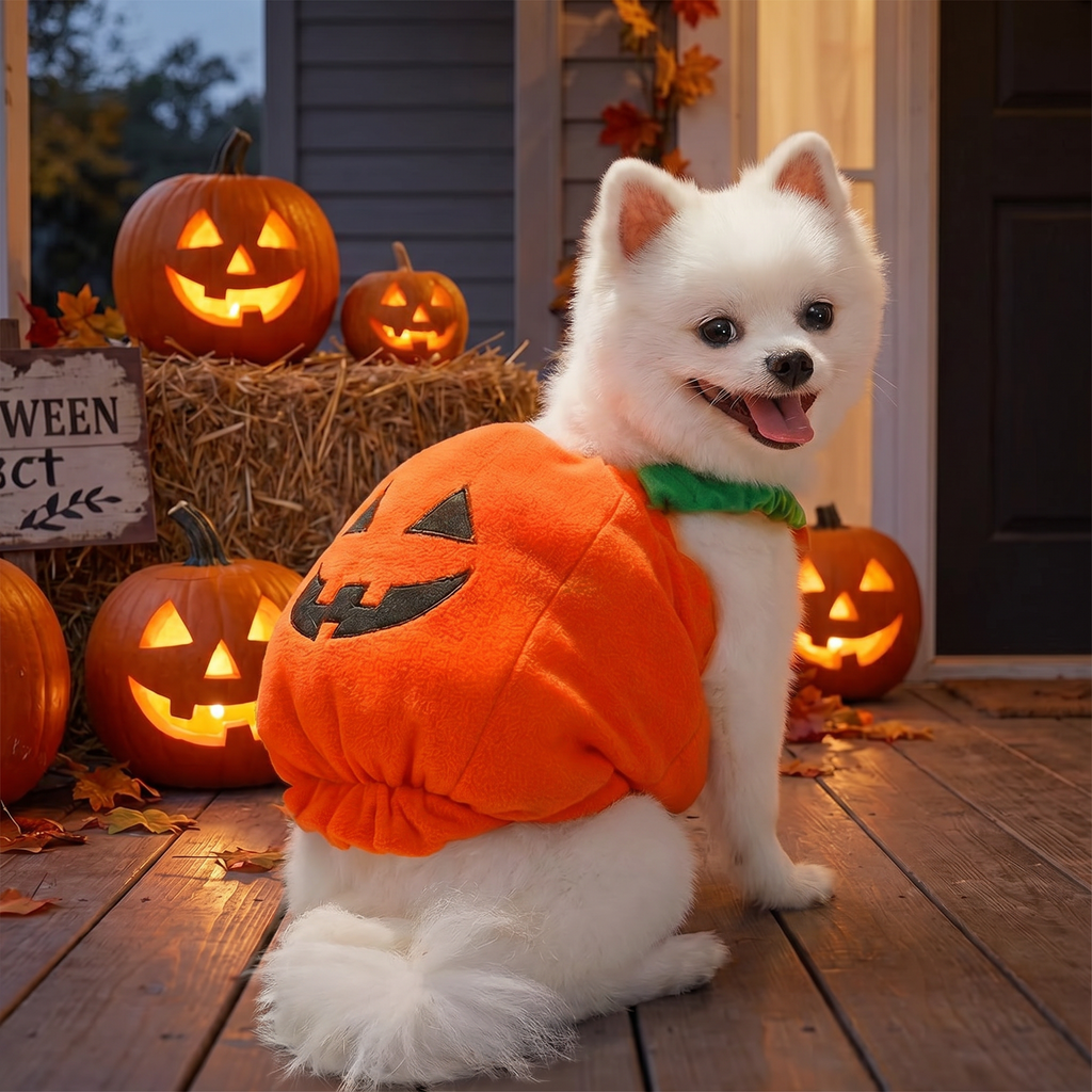 Cute dog wearing a plush pumpkin costume on a Halloween porch