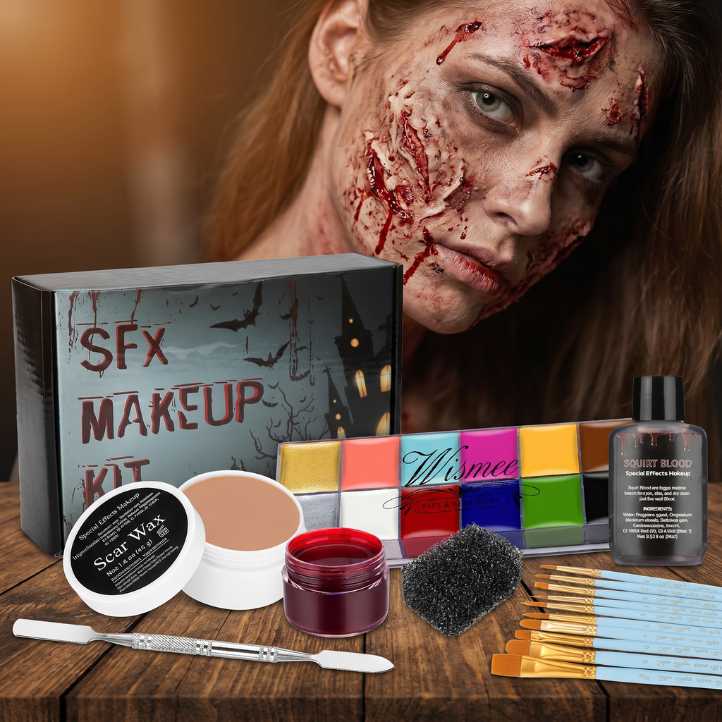 SFX makeup kit with a model showing zombie wound makeup