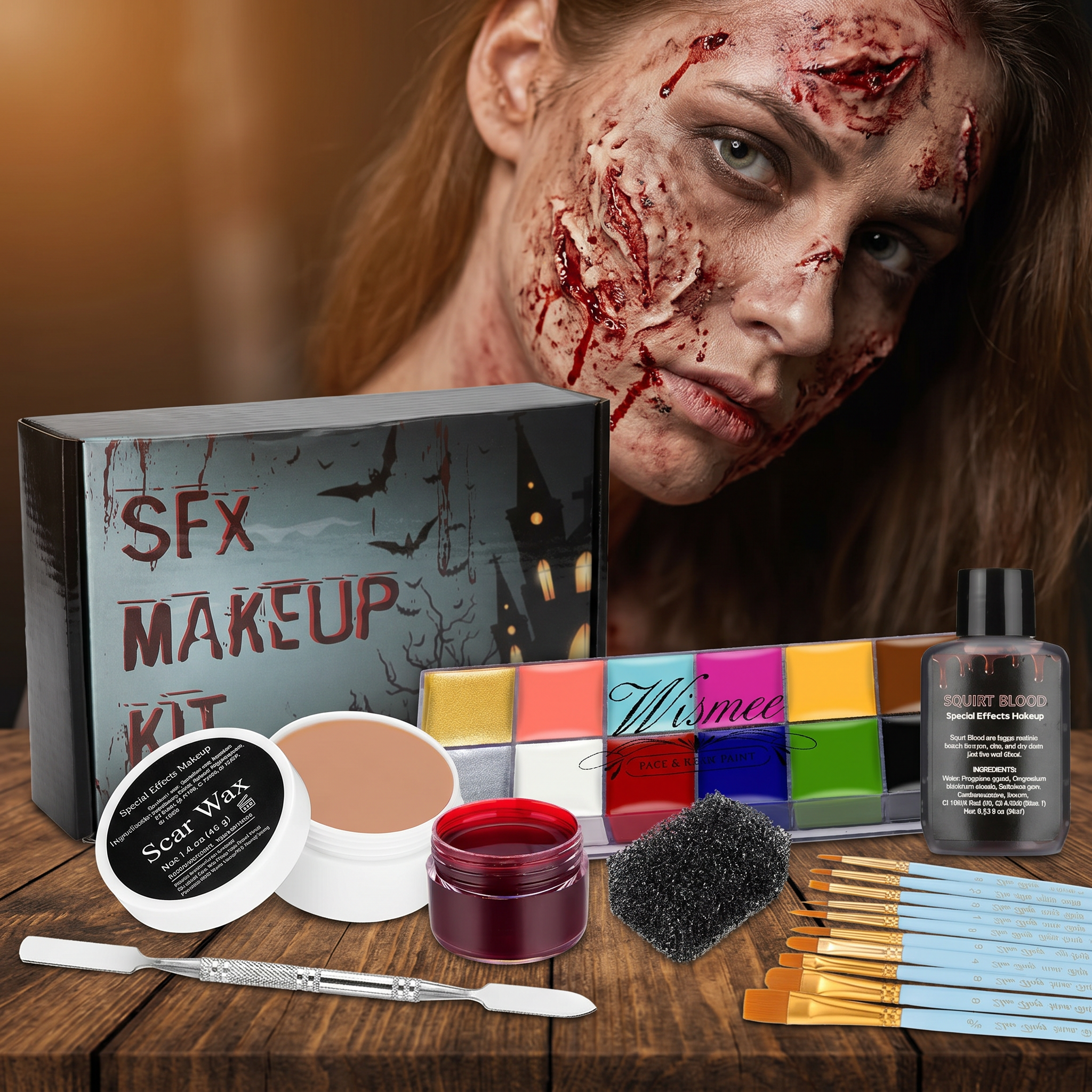 SFX makeup kit with a model showing zombie wound makeup