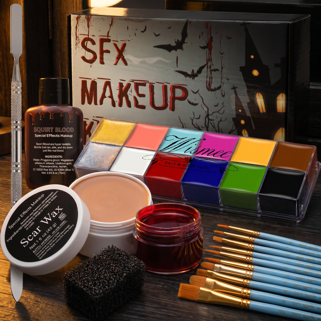 SFX Halloween makeup kit open on a dark vanity with brushes and palette