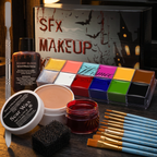 SFX Halloween makeup kit open on a dark vanity with brushes and palette