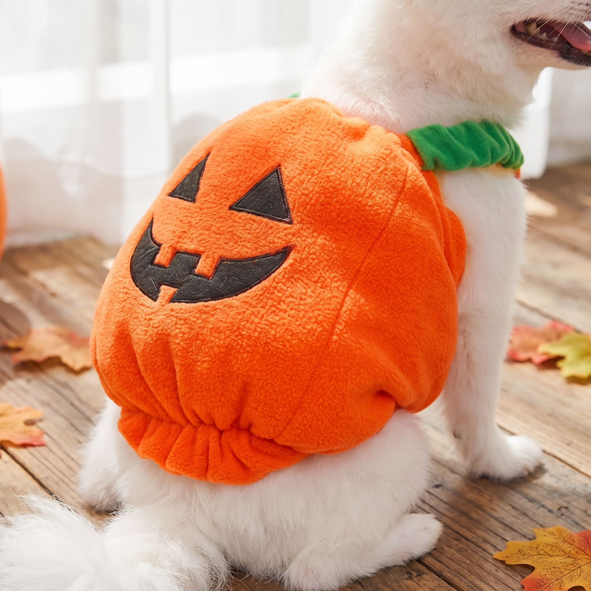 Close up of the plush pumpkin dog costume material
