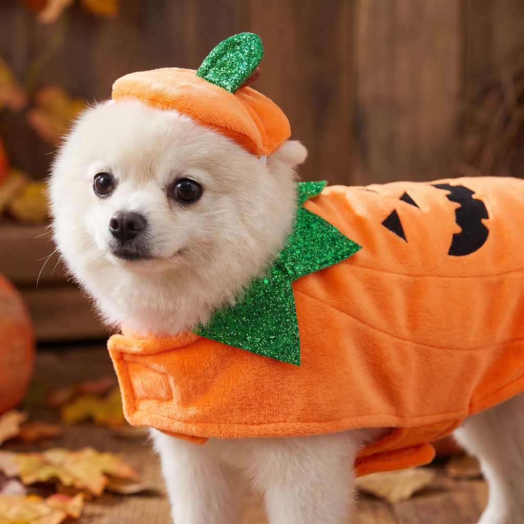 Close up of the fleece pumpkin cape and hat dog costume