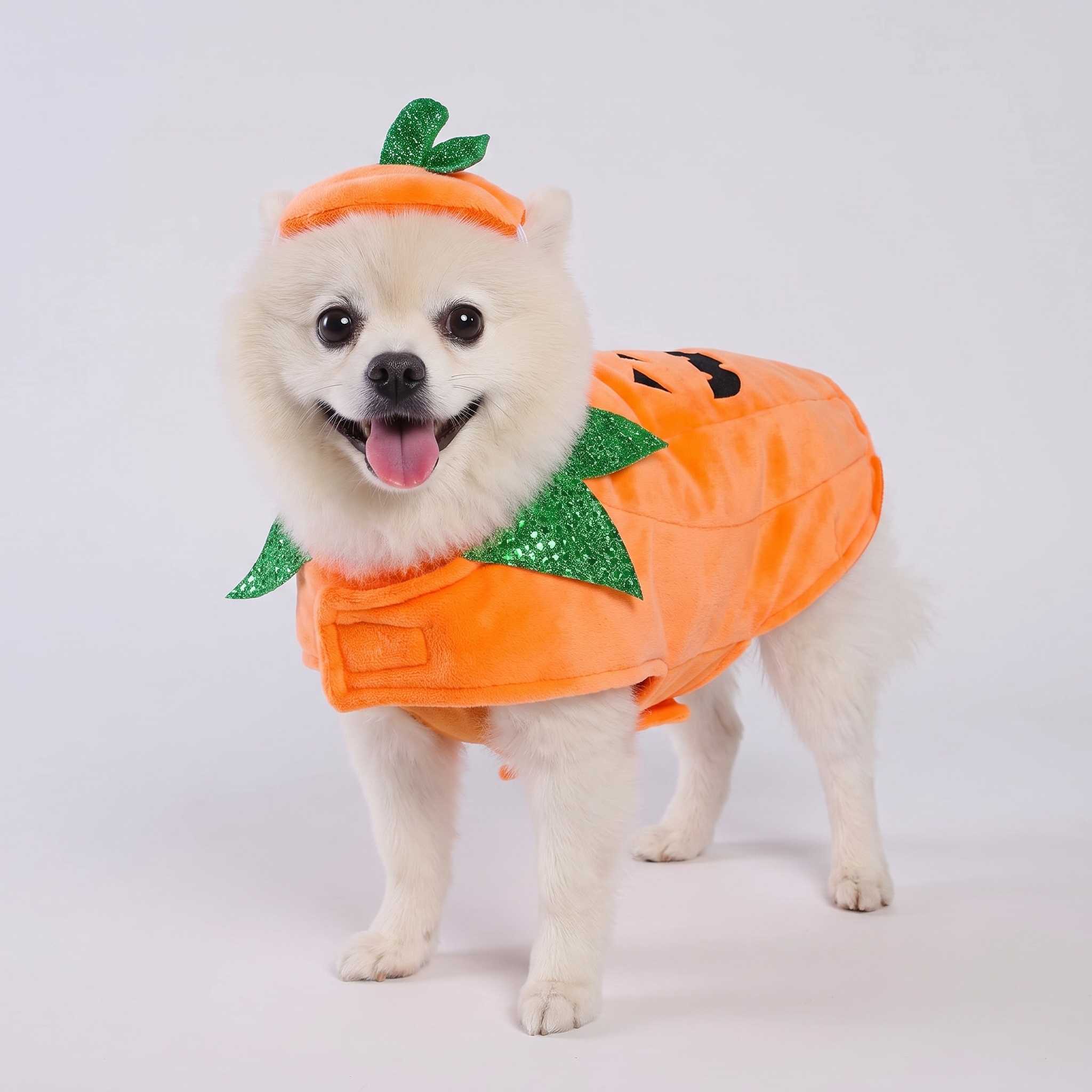 Fleece pumpkin cape and hat costume shown on a happy dog