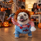 Dog in a doll costume at a Halloween party