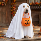Close up of the white ghost dog costume and pumpkin treat bag