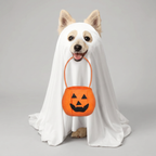 White ghost dog costume with pumpkin bag shown on a happy dog