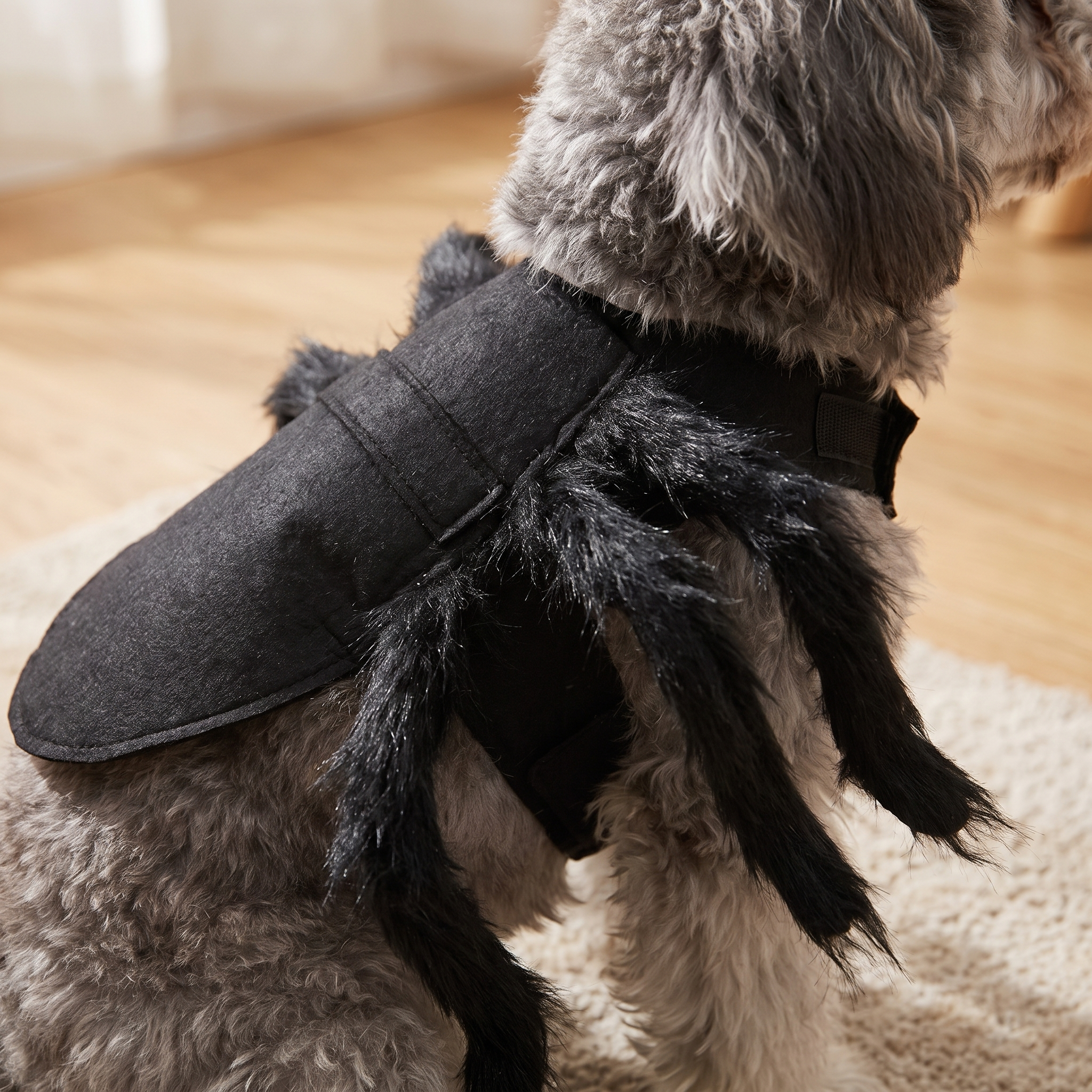 Close up of the black spider legs dog costume