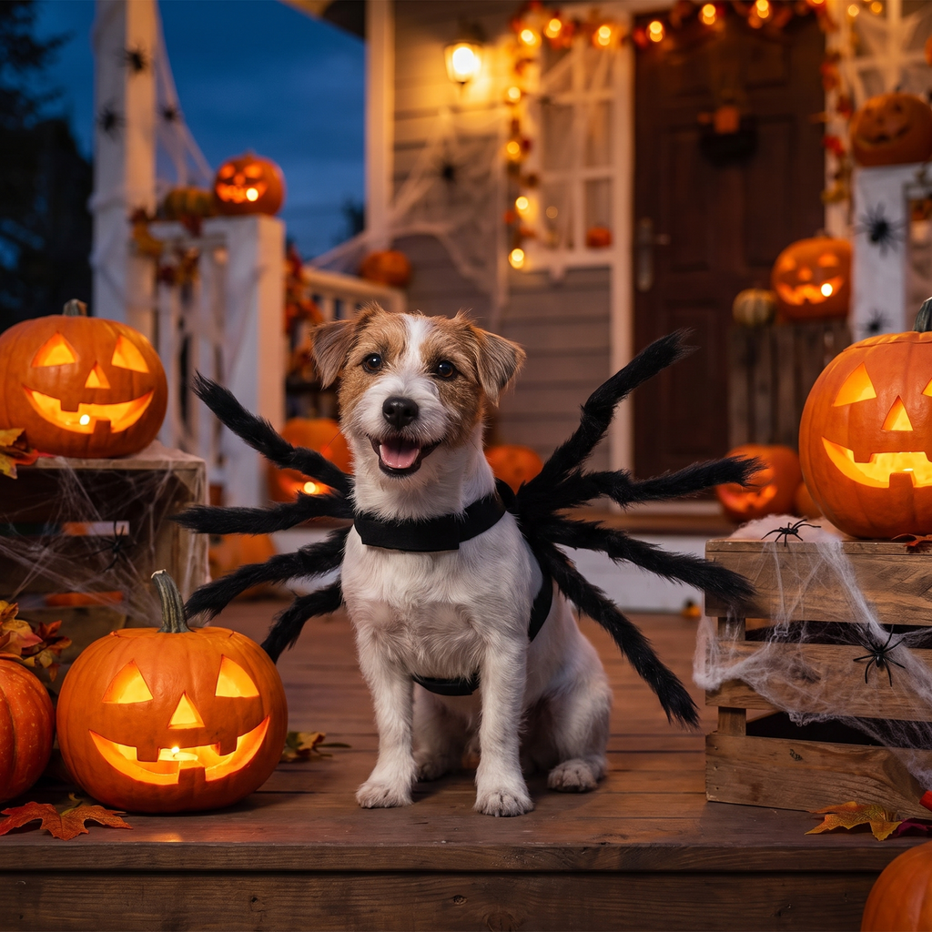 Pet wearing a plush spider legs costume for Halloween