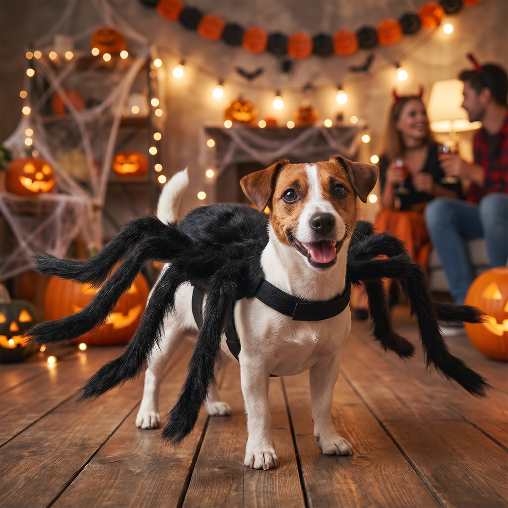 Pet in a spider costume at a Halloween party
