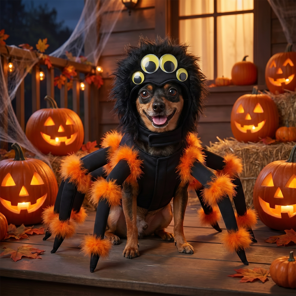 Dog wearing a plush Spider Pup costume on a Halloween porch