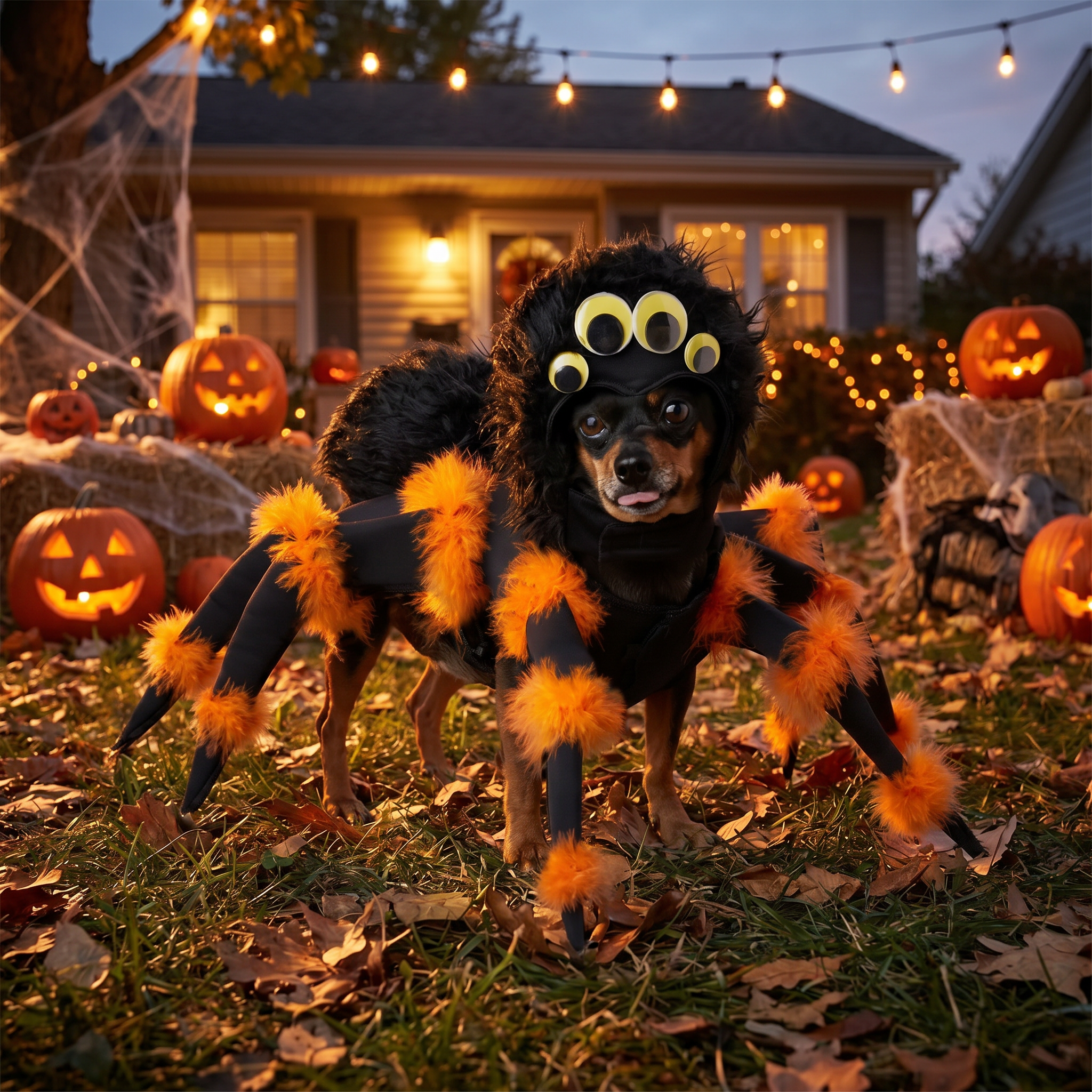 Dog wearing a plush Spider Pup costume in a Halloween yard