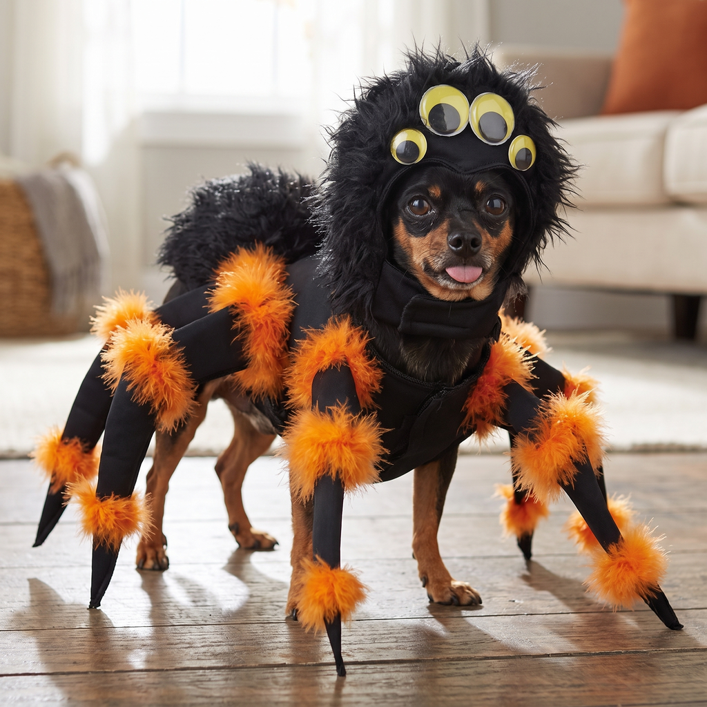 Close up of the plush Spider Pup dog costume