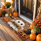 Ghost Halloween doormat at a front entrance with fall decor