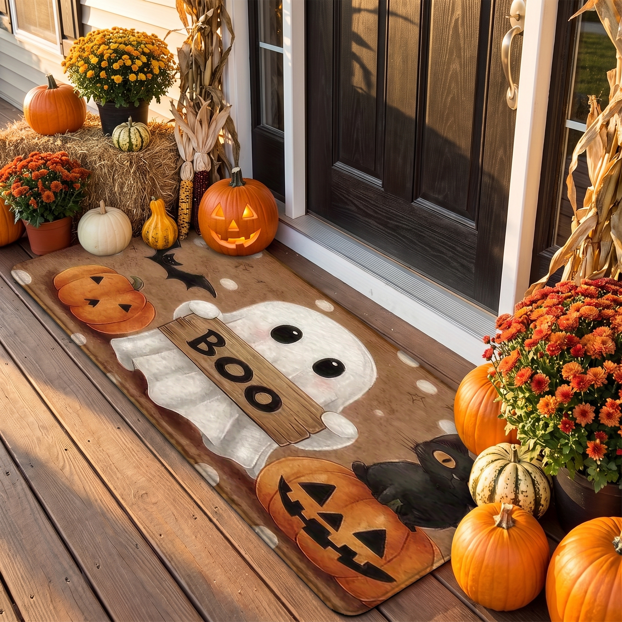 Ghost Halloween doormat at a front entrance with fall decor