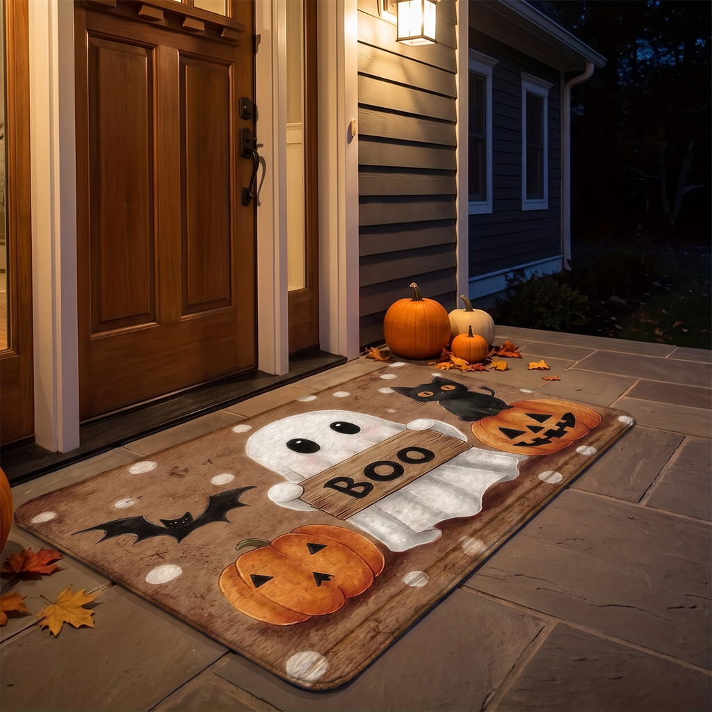 Ghost doormat by a front door at night with warm porch glow