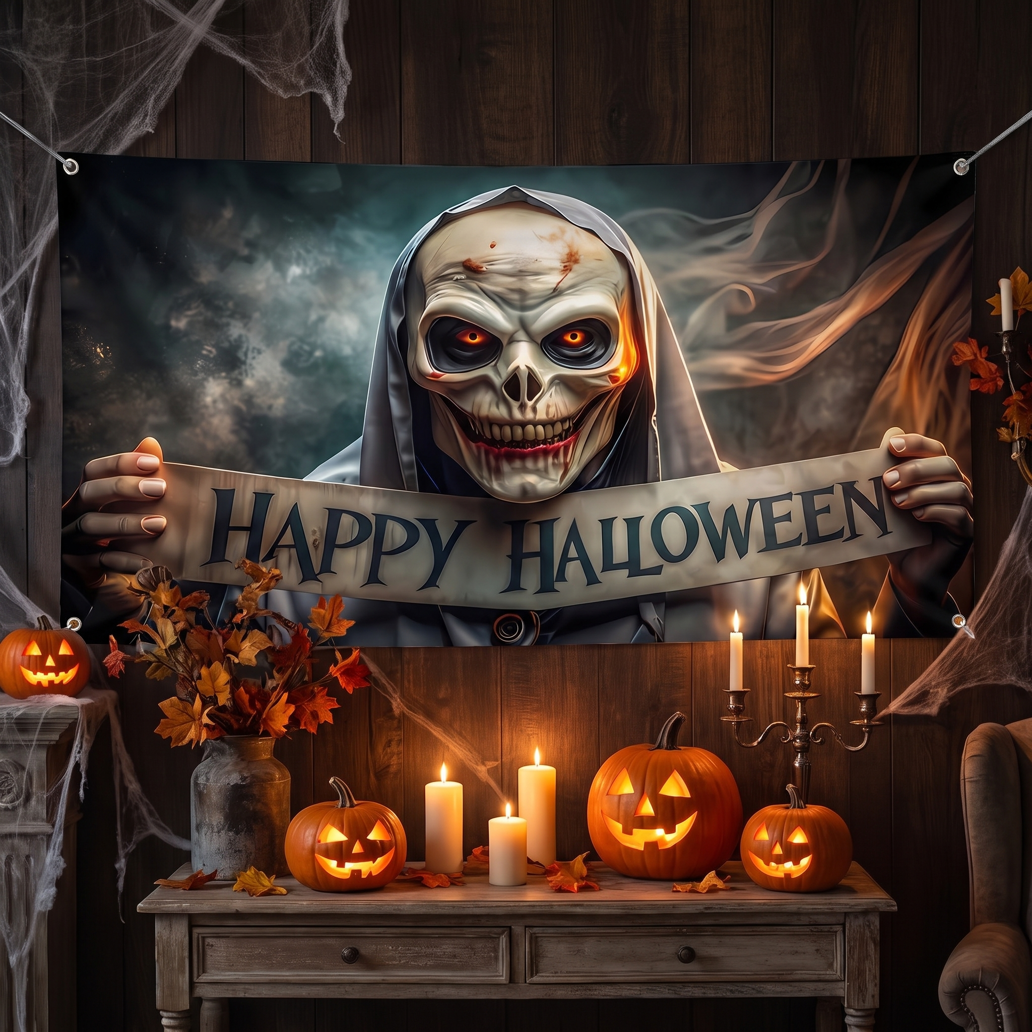 Halloween banner hung in a decorated room