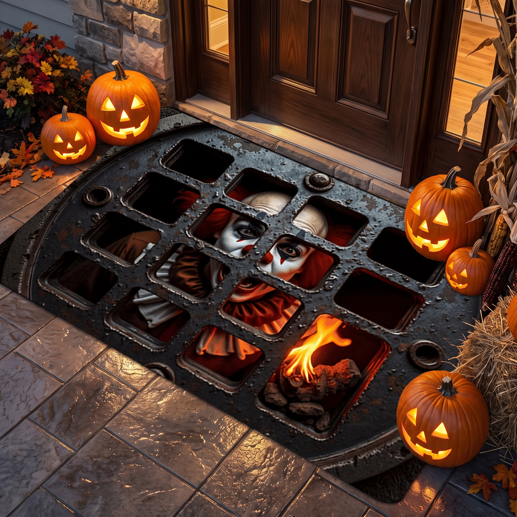 Horror doormat on a decorated Halloween porch in front of a door
