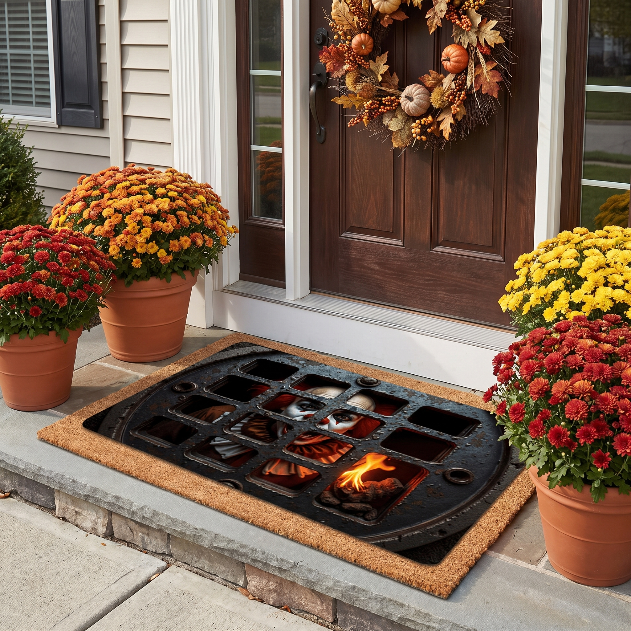 Horror Halloween doormat at a suburban front entrance with fall decor